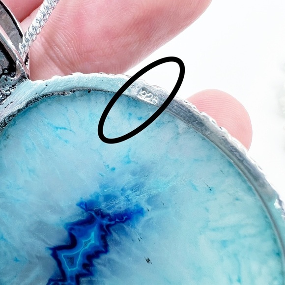 Large SOLAR AGATE Pendant. Sterling Silver 925 Blue Oval Vintage New - Picture 4 of 5